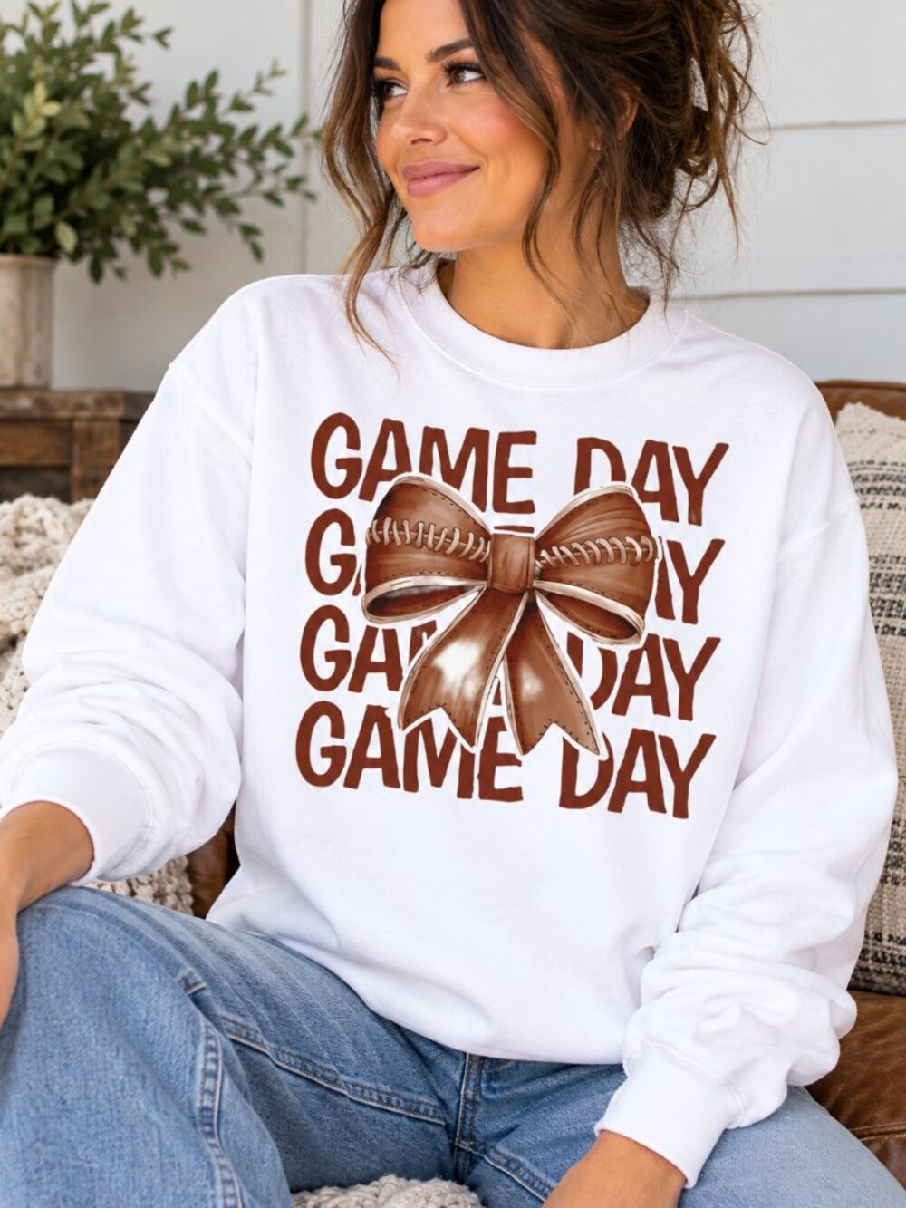 Football Bow Game Day Women’s Custom White Crewneck Sweatshirt Trendy Top